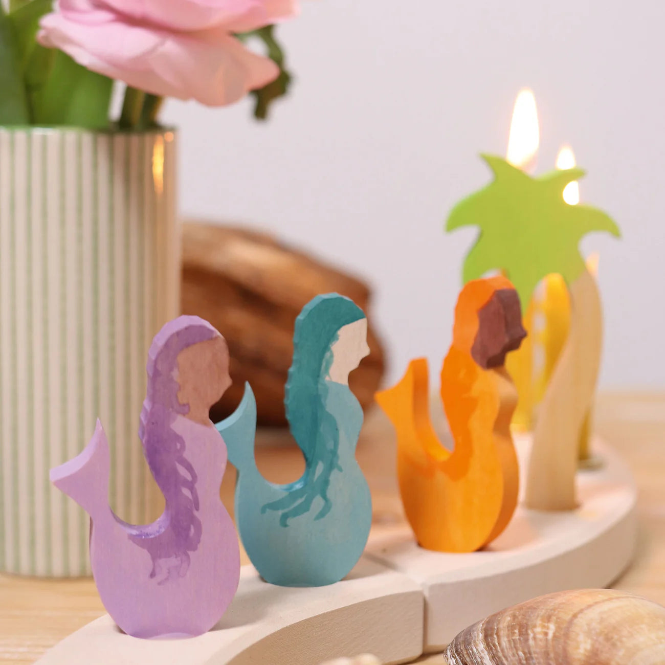GRIMM’S | Houten jaarring steker | Zeemeermin (aquamarijn)